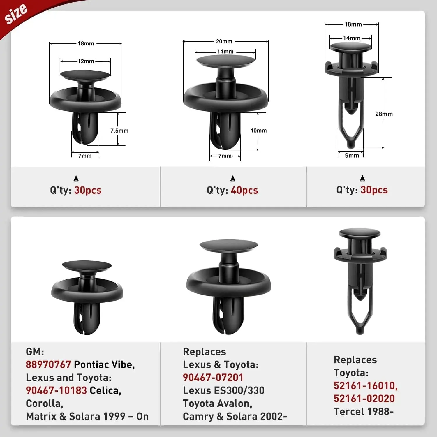 100 Pcs Hole 7mm 9mm Car Retainer Clips Push Type Bumper Fastener Rivet Clips for Lexus Toyota GM