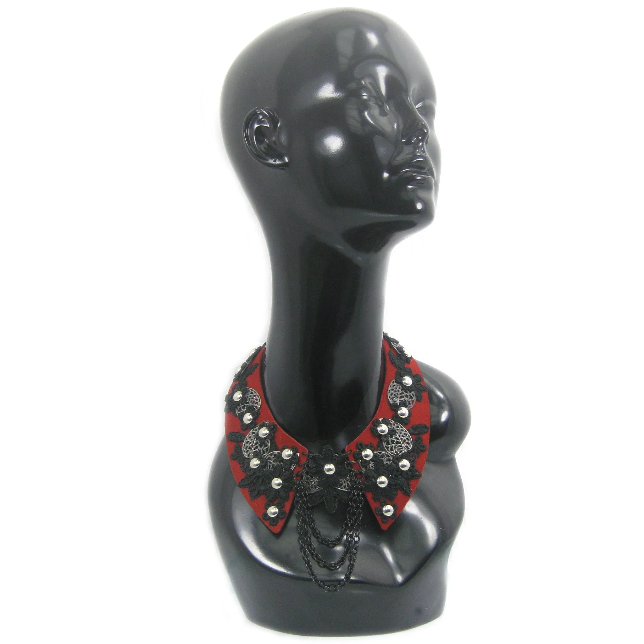 #1017n Red Leather Collar Necklace With Gunmetal & Black Floral Detail