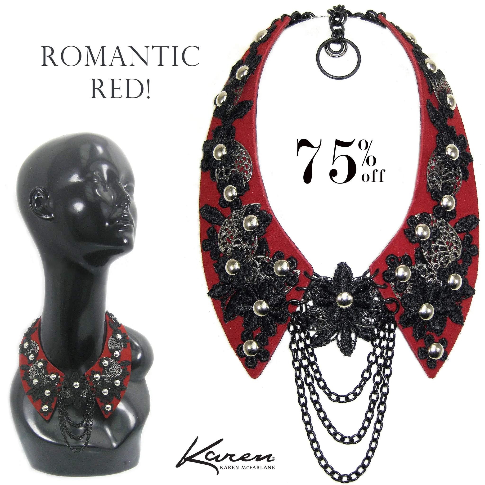 #1017n Red Leather Collar Necklace With Gunmetal & Black Floral Detail
