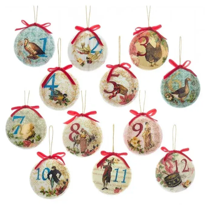 12 Days Of Christmas Decoupage Ball Ornaments, 12-Piece Box Set