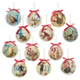 12 Days Of Christmas Decoupage Ball Ornaments, 12-Piece Box Set
