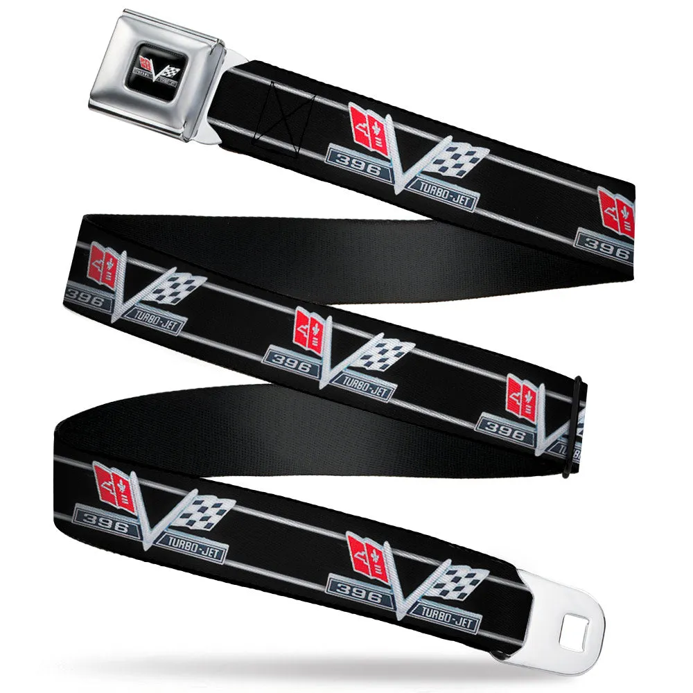 1967 Impala 396 TURBO-JET V Emblem Full Color Black Silver Red White Seatbelt Belt - 1967 Impala 396 TURBO-JET V Emblem/Stripe Black/Silver/Red/White Webbing