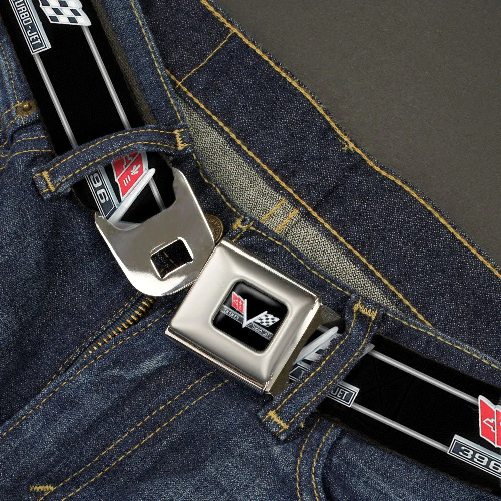 1967 Impala 396 TURBO-JET V Emblem Full Color Black Silver Red White Seatbelt Belt - 1967 Impala 396 TURBO-JET V Emblem/Stripe Black/Silver/Red/White Webbing