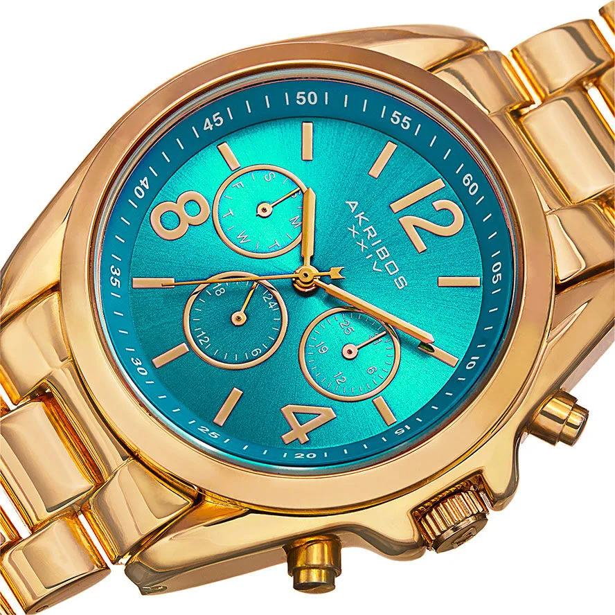 Akribos Xxiv Blue Dial Yellow Gold-Tone Multi-Function Ladies Watch AK760YGTQ