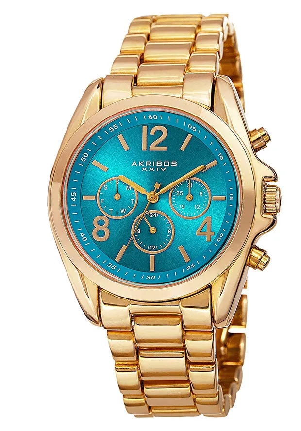 Akribos Xxiv Blue Dial Yellow Gold-Tone Multi-Function Ladies Watch AK760YGTQ