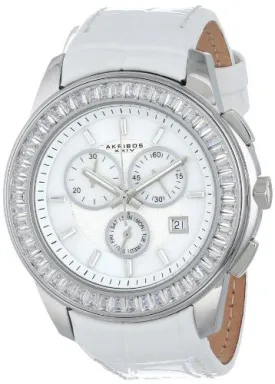 Akribos XxivWhite Mother of Pearl Dial White Leather Ladies Watch AK621SSW