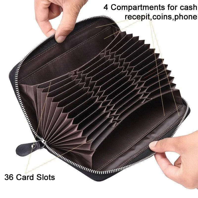Antimagnetic Rfid Card Leather Zipper Wallet 36 Card Slot