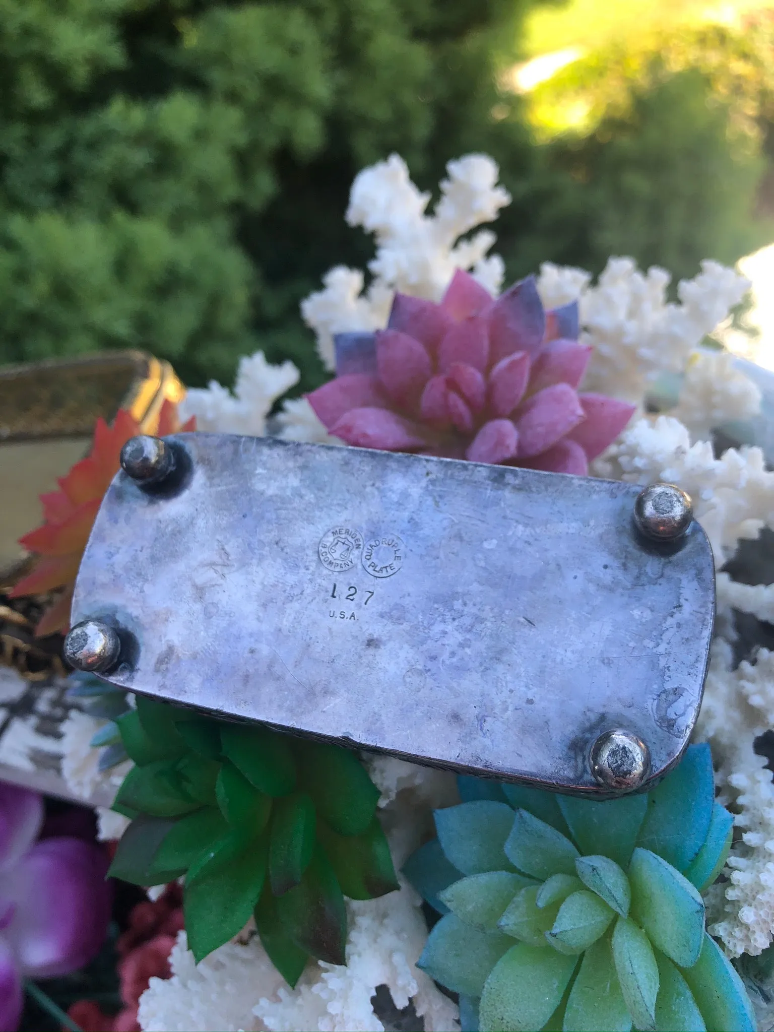 Antique Meriden B Company Silver Quadruple Ornate #127 Plate Footed Trinket Box