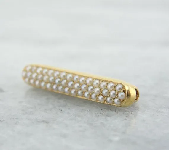 Antique Pave Seed Pearl Gold Bar Pin