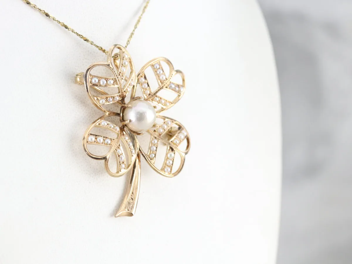 Antique Pearl Four Leaf Clover Brooch or Pendant