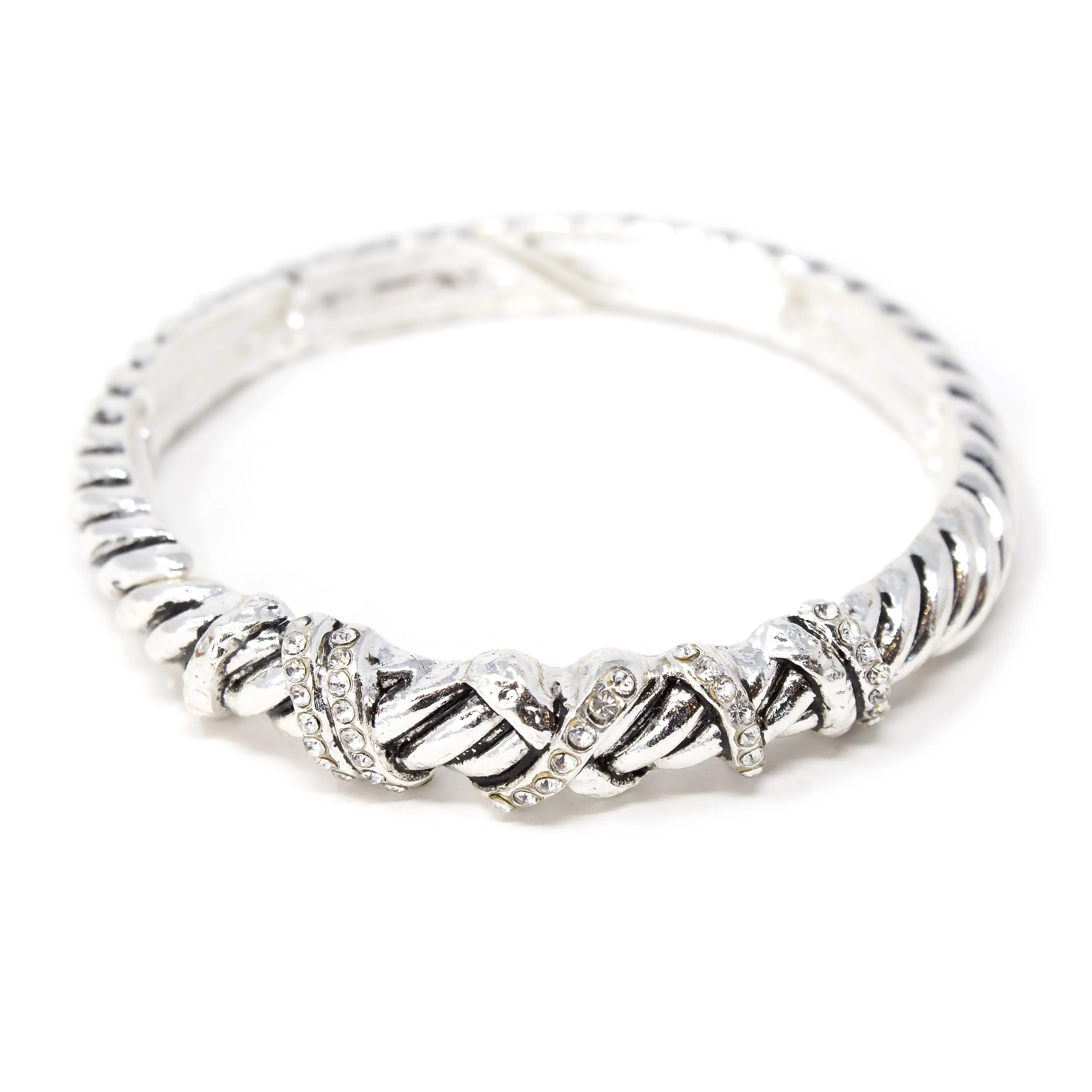 Antique Silver Striped Stretch Bracelet Crystal Station