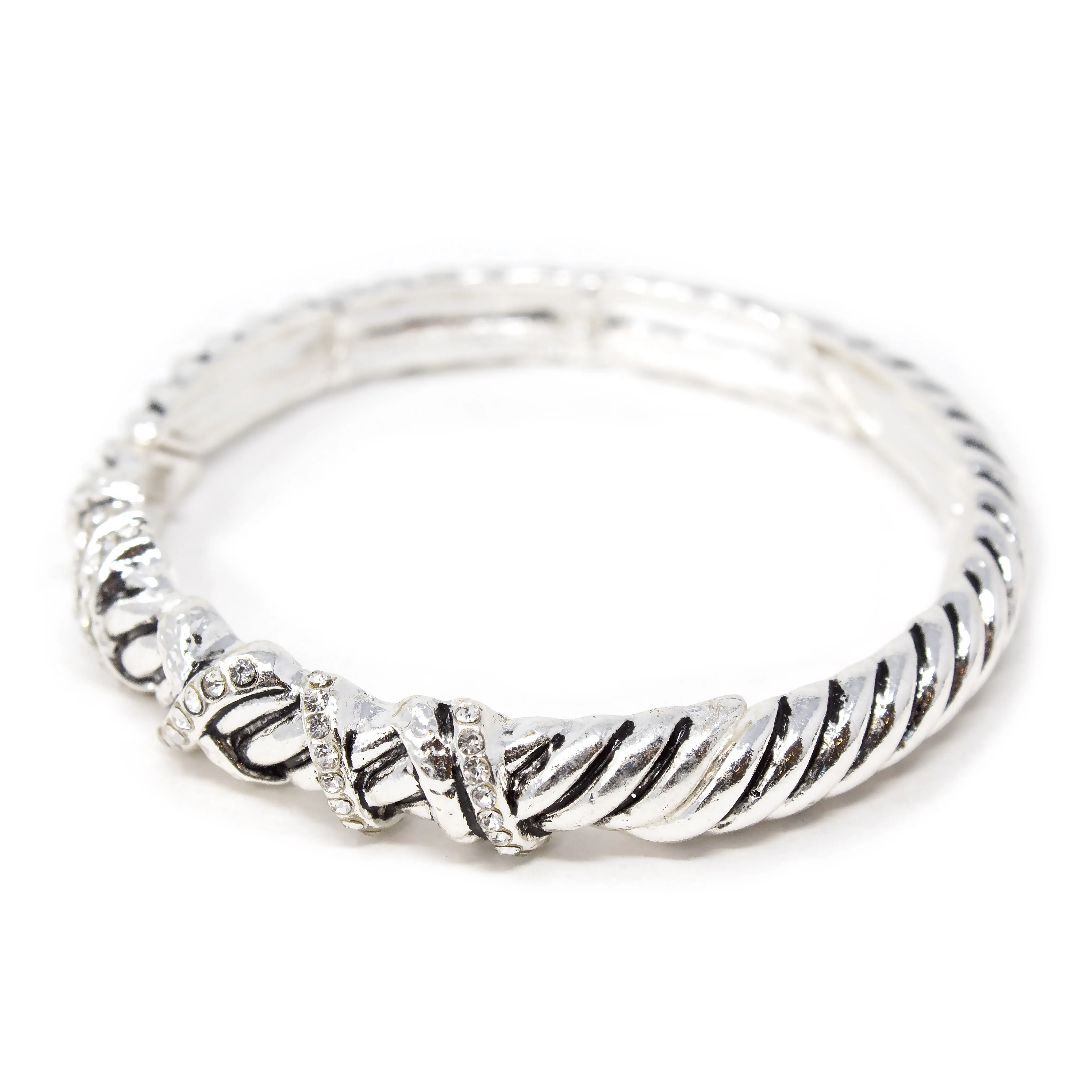 Antique Silver Striped Stretch Bracelet Crystal Station