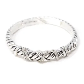 Antique Silver Striped Stretch Bracelet Crystal Station