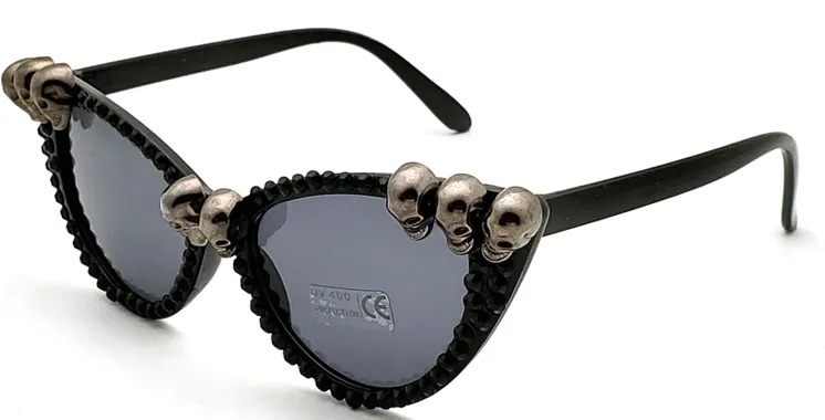 Black Gem Cat Eye Sunglasses w/ Silver Skull Details