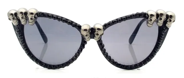 Black Gem Cat Eye Sunglasses w/ Silver Skull Details