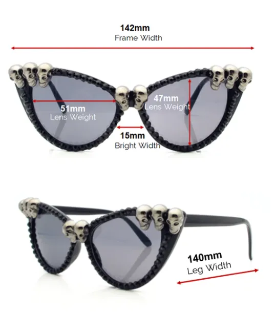 Black Gem Cat Eye Sunglasses w/ Silver Skull Details