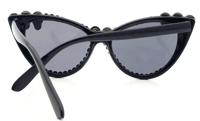 Black Gem Cat Eye Sunglasses w/ Silver Skull Details