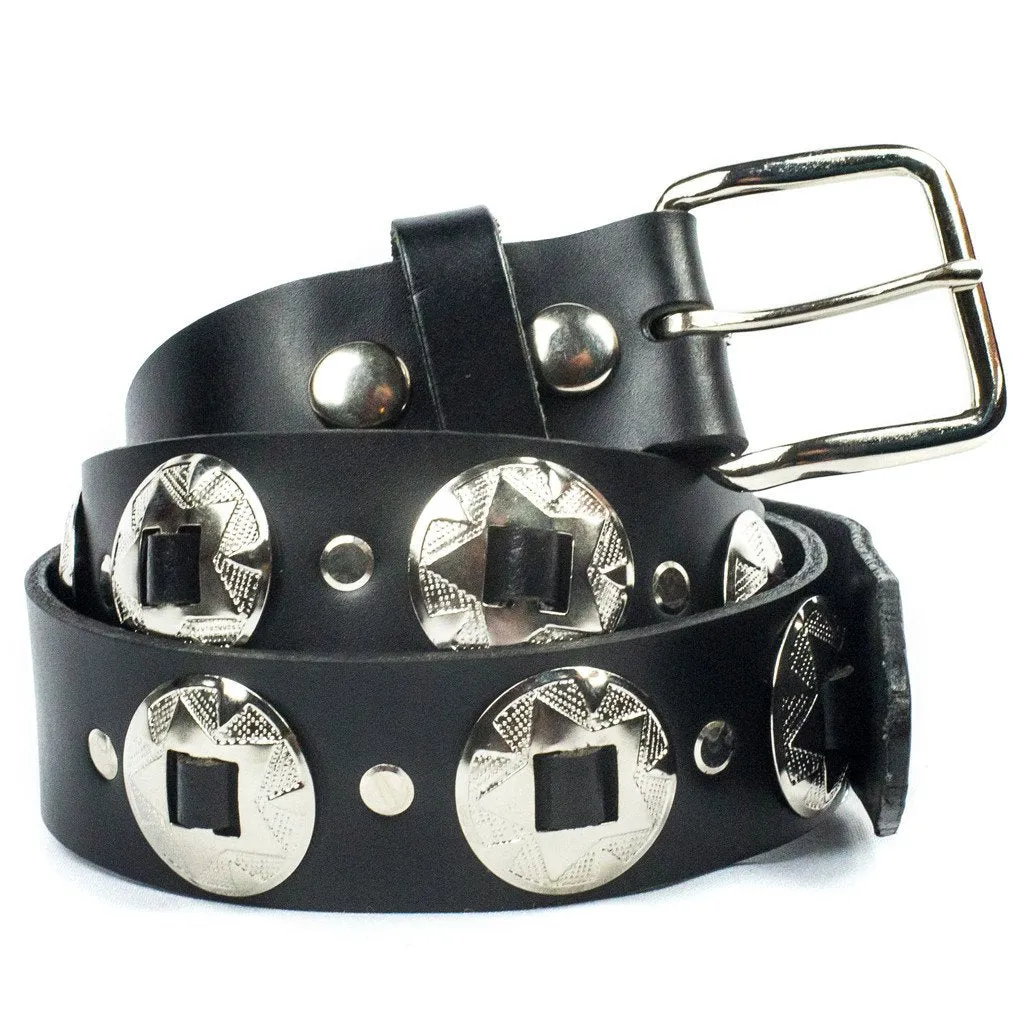 Black Leather 1 1/2" Belt w/ Silver Concho Star Details