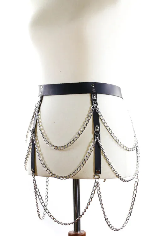 Black Leather Belt w/ Three Rows of Silver Hanging Chains