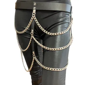Black Leather Belt w/ Three Rows of Silver Hanging Chains
