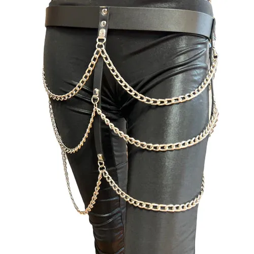 Black Leather Belt w/ Three Rows of Silver Hanging Chains