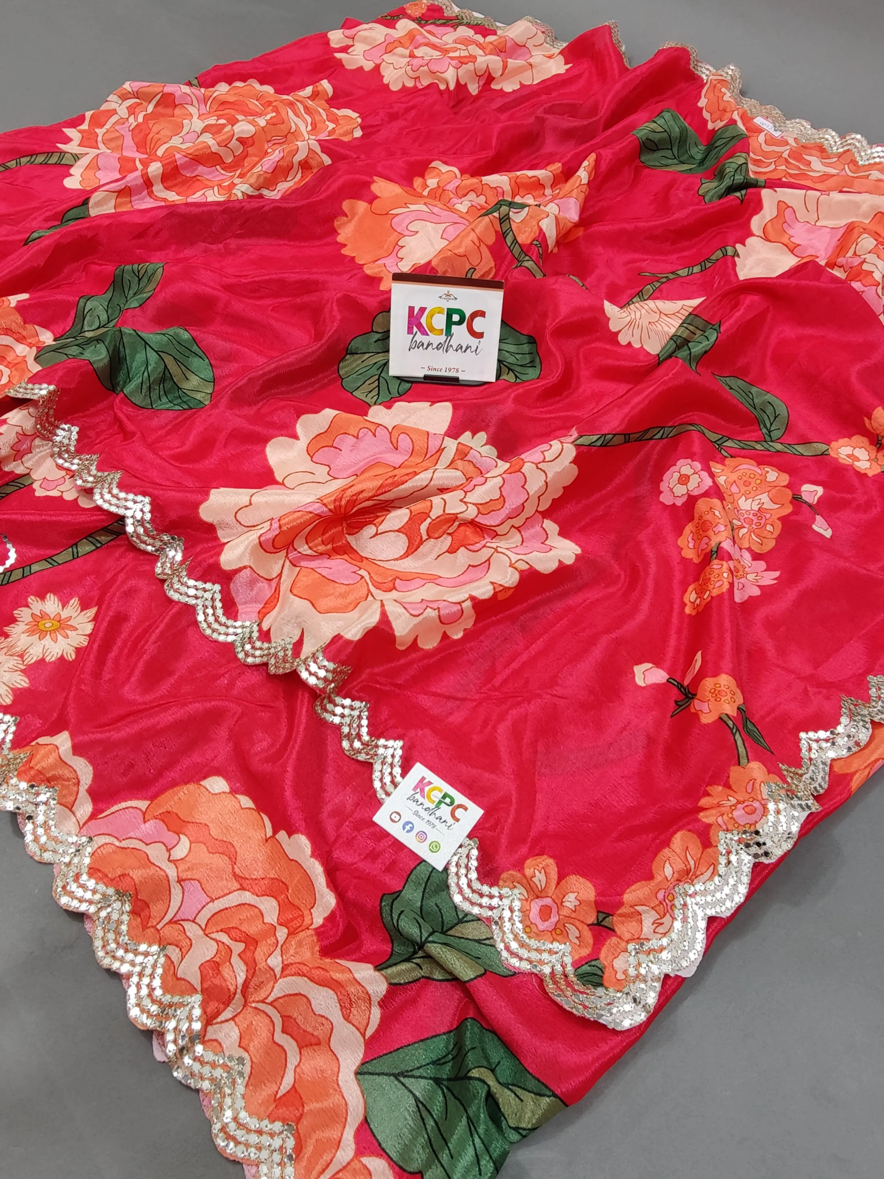 Bollywood style Chinon Crape Floral Print Gotapatti Cutwork Border Sarees with blouse amt Red