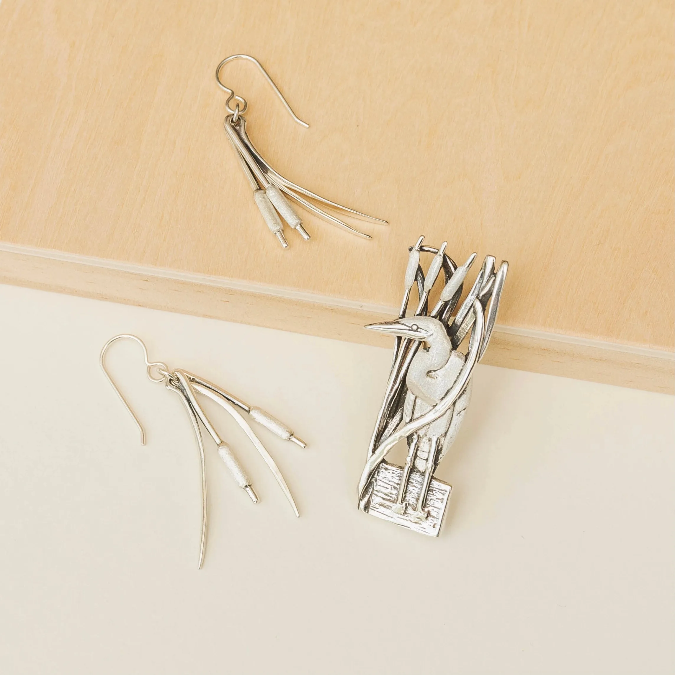 Egret Cattails Pin Pendant