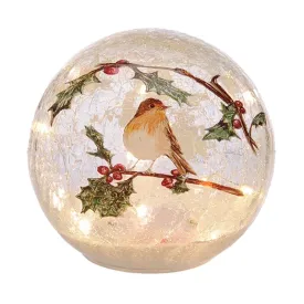 Festive 20cm Lit Robin on Holly Twig Crackle Ball