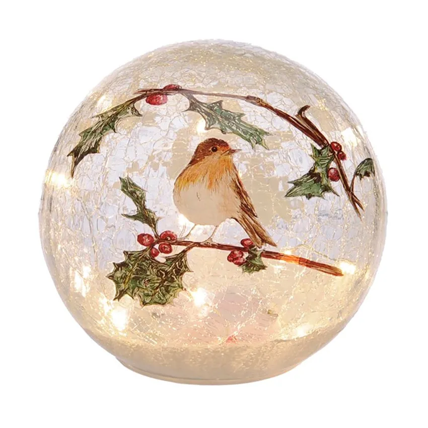 Festive 20cm Lit Robin on Holly Twig Crackle Ball