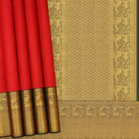 Handwoven Red with Green Kanjivaram Silk Saree - 390N015848DSA