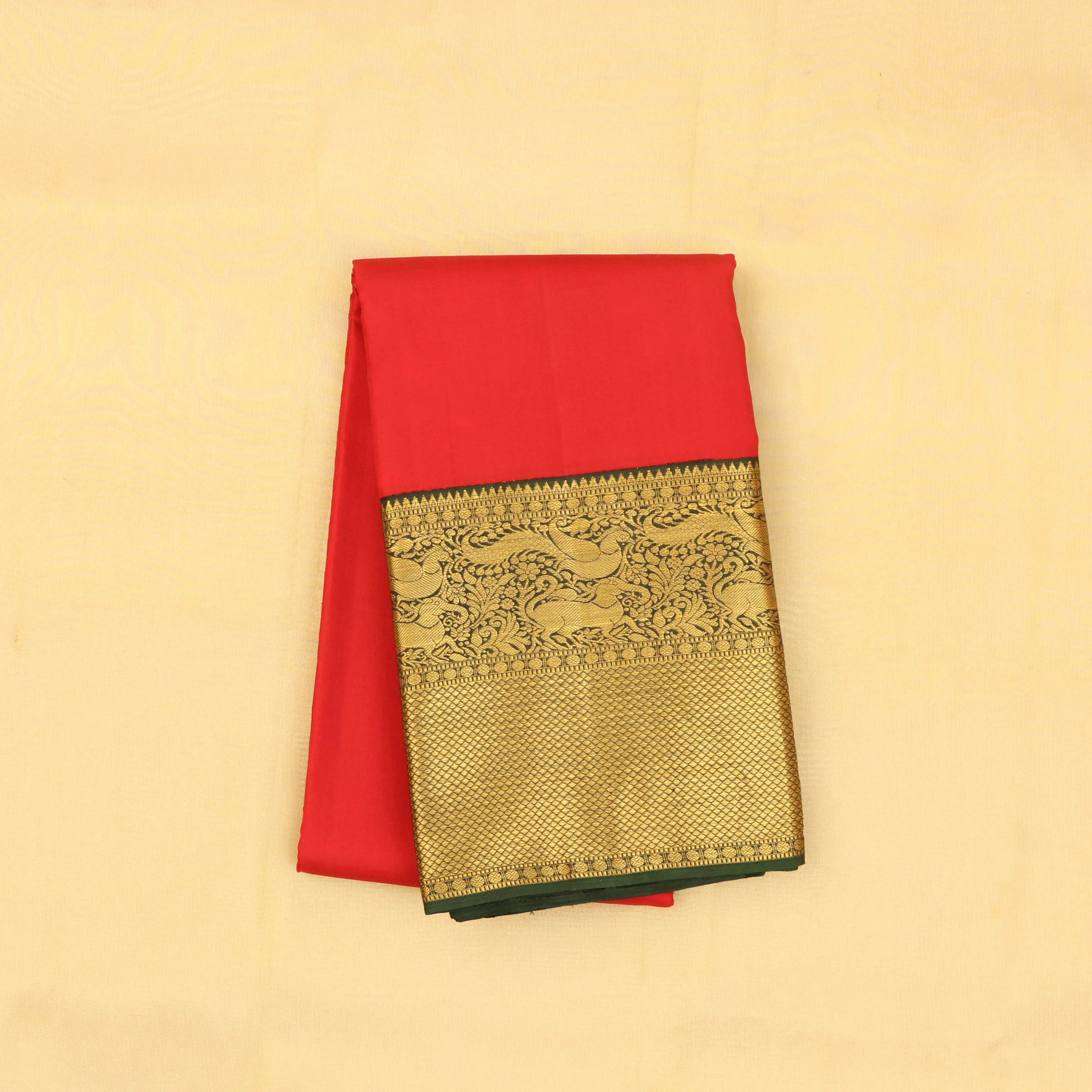 Handwoven Red with Green Kanjivaram Silk Saree - 390N015848DSA