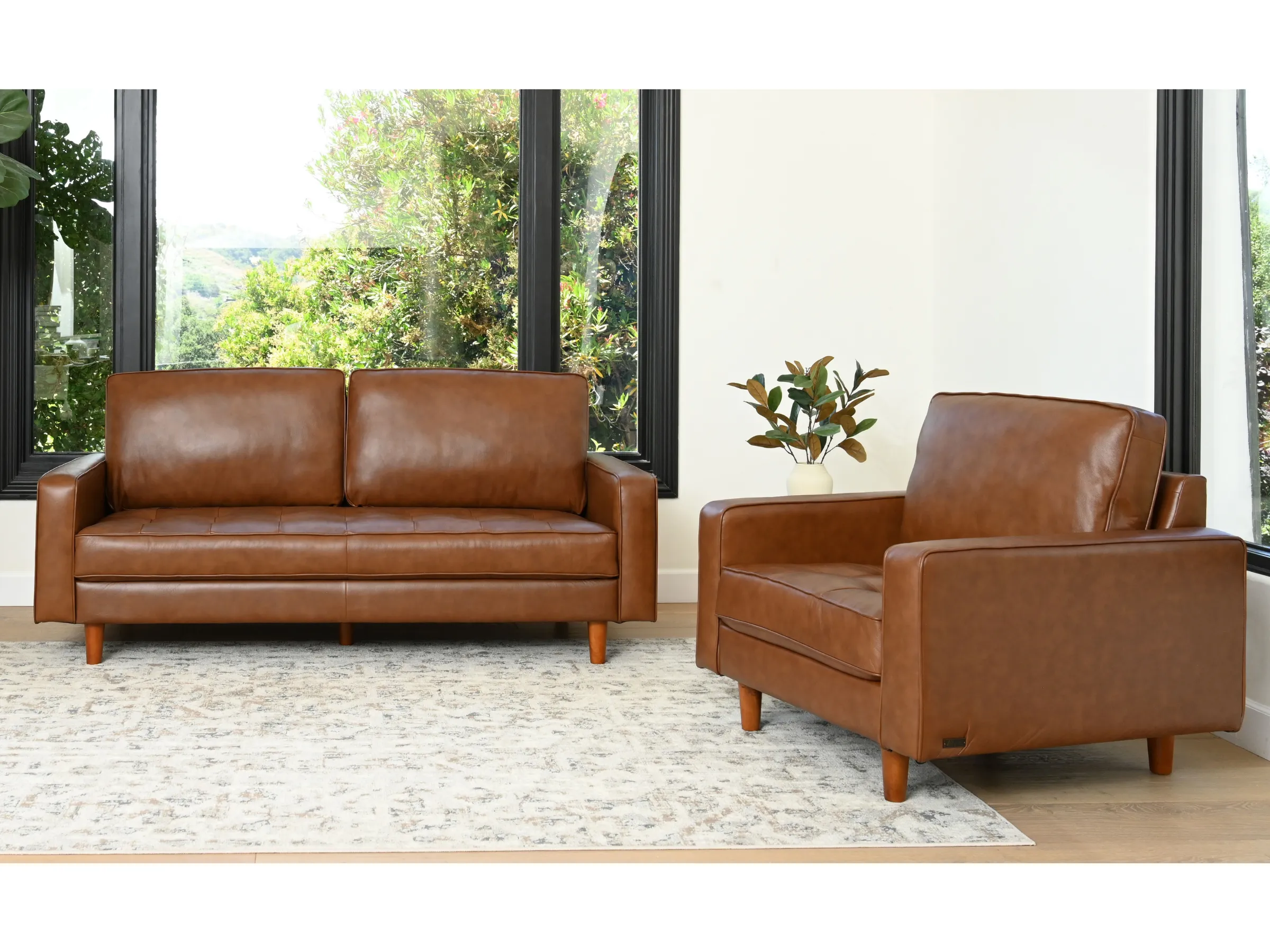 Holloway Mid-Century Leather Sofa and Armchair Set