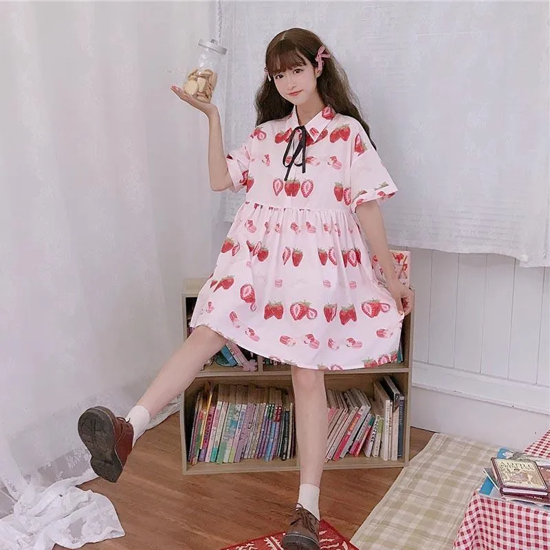 Kawaii Strawberry Printed Short Sleeved Dress
