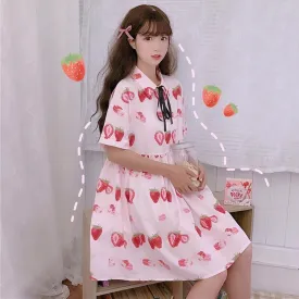 Kawaii Strawberry Printed Short Sleeved Dress