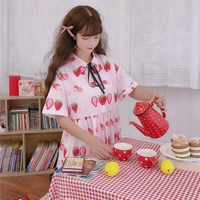 Kawaii Strawberry Printed Short Sleeved Dress