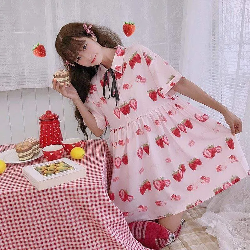 Kawaii Strawberry Printed Short Sleeved Dress