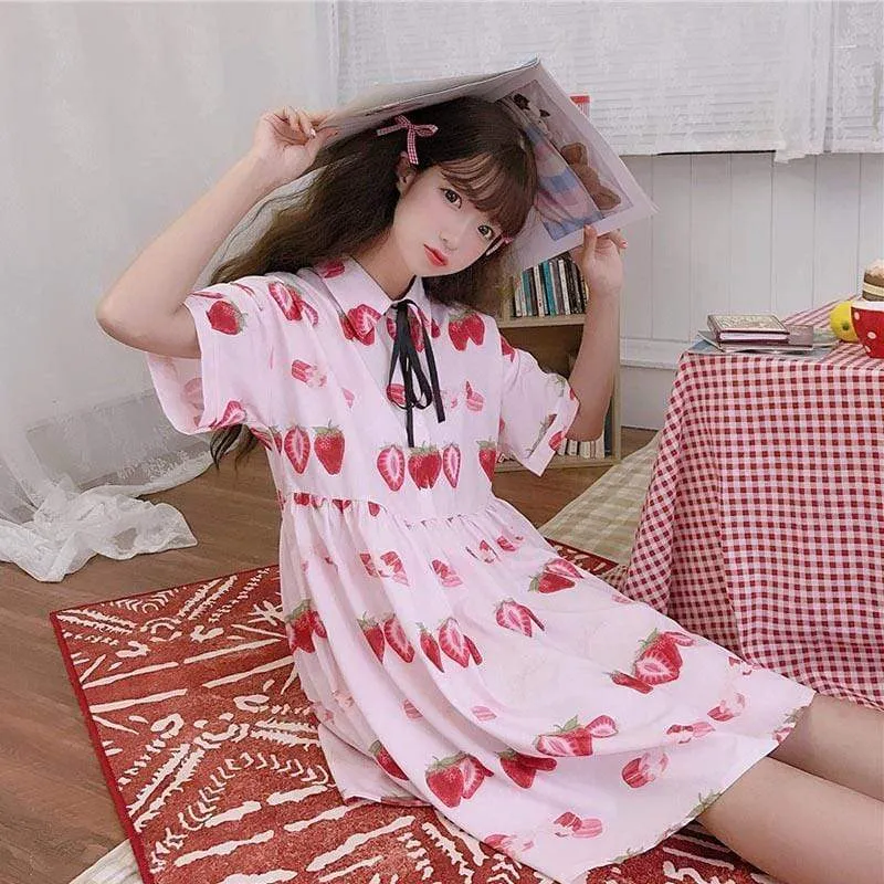Kawaii Strawberry Printed Short Sleeved Dress