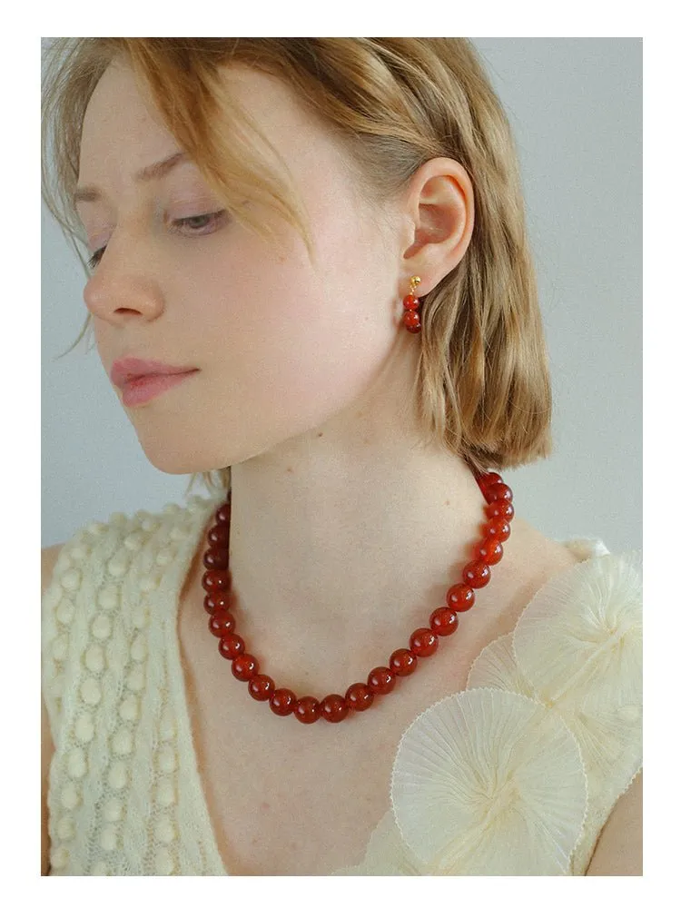 New Year's Red Agate Stone Beaded Earrings