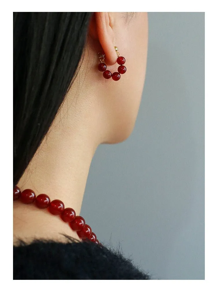 New Year's Red Agate Stone Beaded Earrings