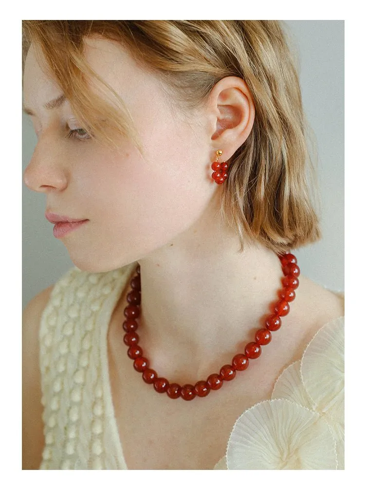 New Year's Red Agate Stone Beaded Earrings