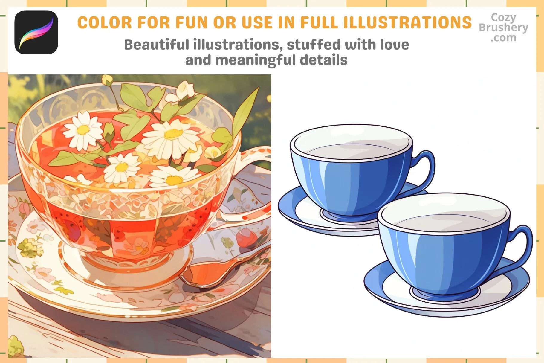 Procreate Stamps: Teatime Extravaganza, 200  Charming Teacup Stamps for Enchanting Beverage Art, Procreate Brushes