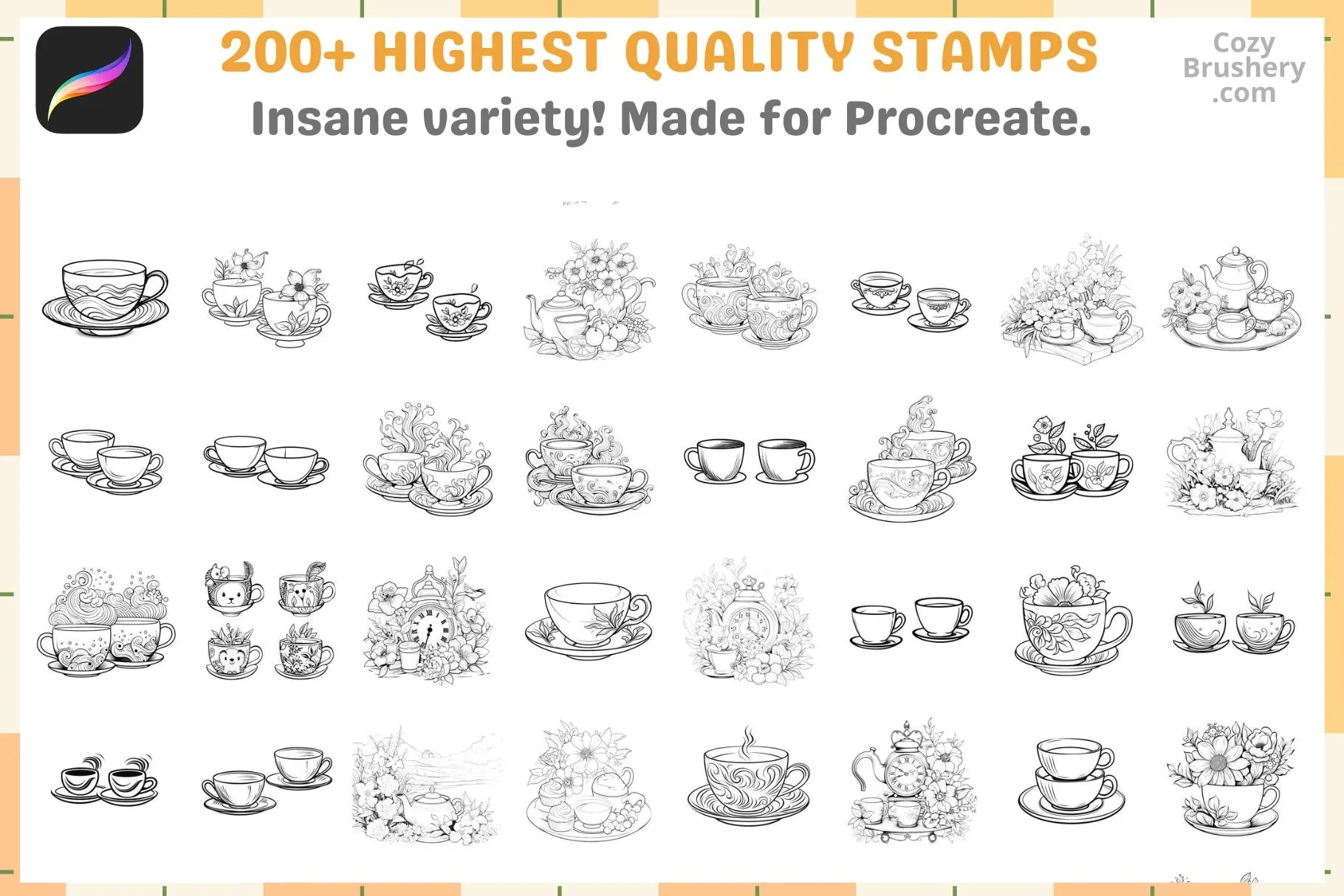 Procreate Stamps: Teatime Extravaganza, 200  Charming Teacup Stamps for Enchanting Beverage Art, Procreate Brushes