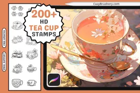 Procreate Stamps: Teatime Extravaganza, 200  Charming Teacup Stamps for Enchanting Beverage Art, Procreate Brushes