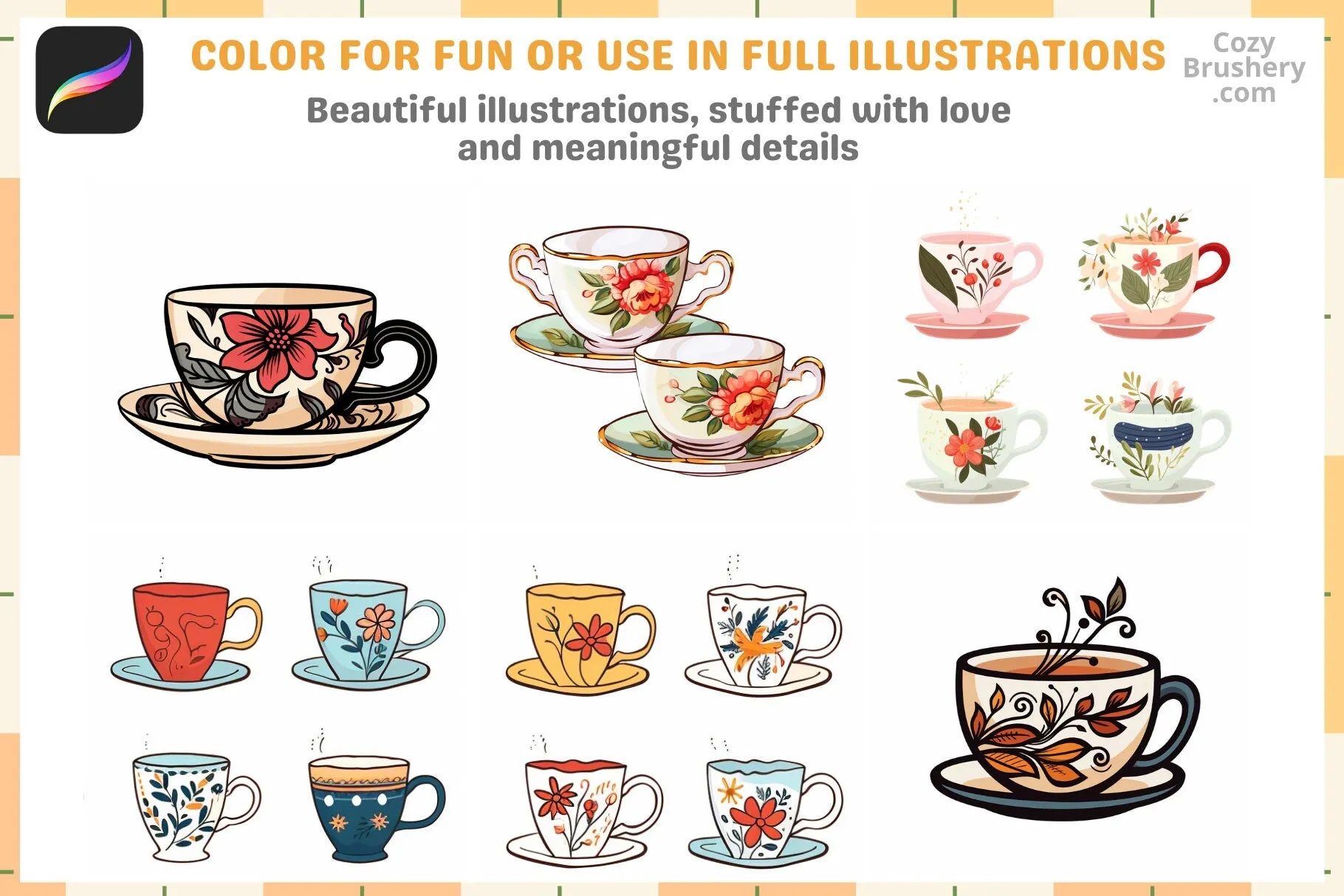 Procreate Stamps: Teatime Extravaganza, 200  Charming Teacup Stamps for Enchanting Beverage Art, Procreate Brushes