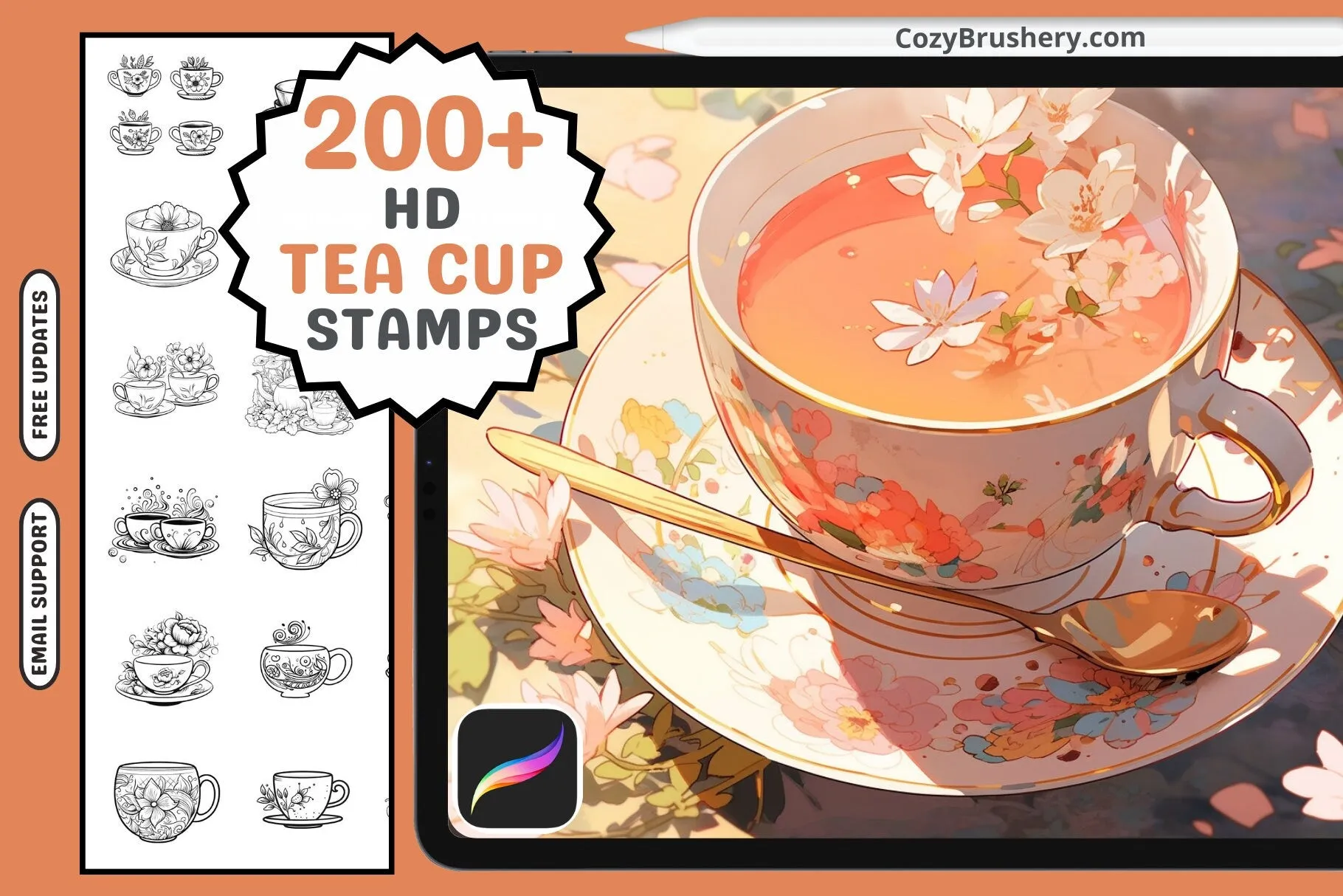 Procreate Stamps: Teatime Extravaganza, 200  Charming Teacup Stamps for Enchanting Beverage Art, Procreate Brushes