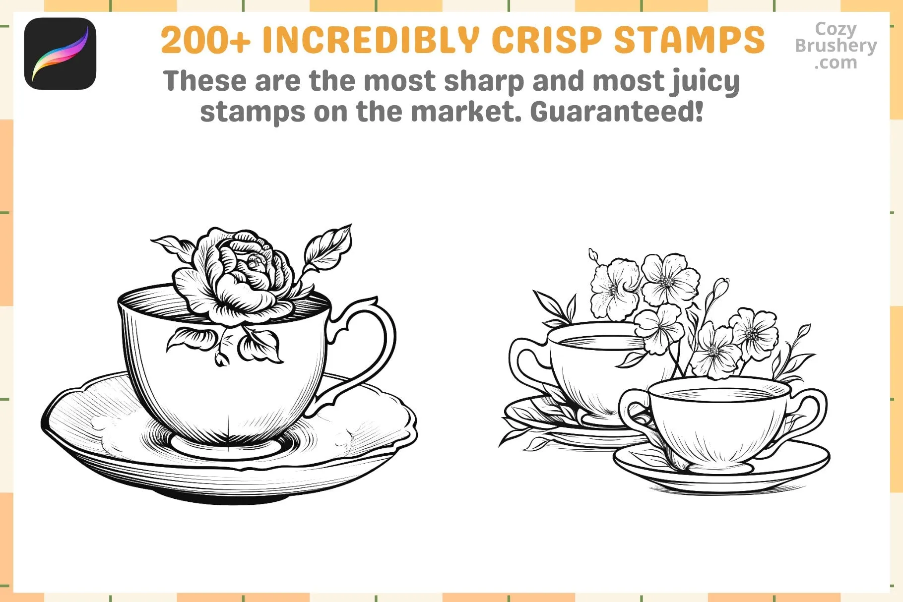 Procreate Stamps: Teatime Extravaganza, 200  Charming Teacup Stamps for Enchanting Beverage Art, Procreate Brushes