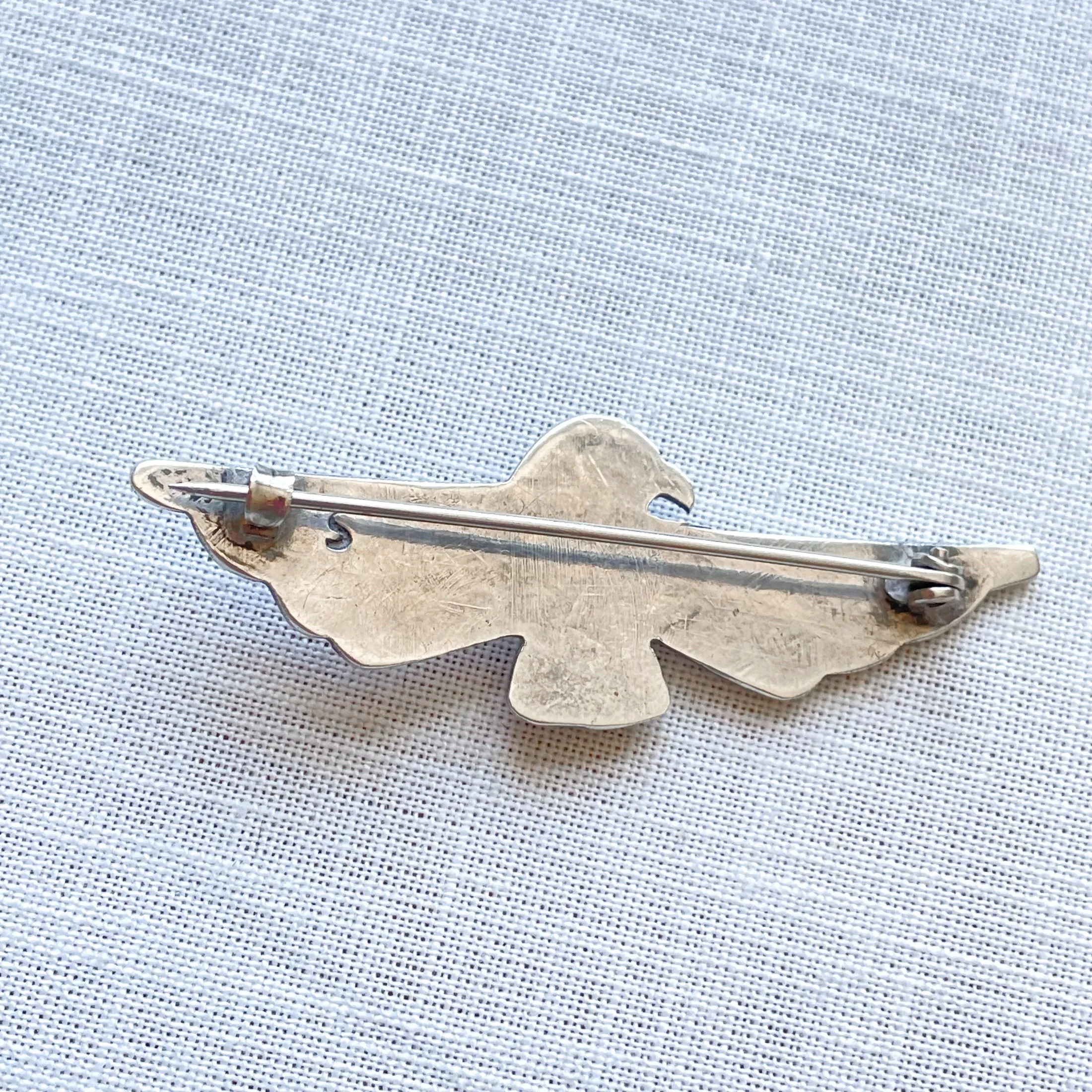 SOLD Vintage Sterling Silver Turquoise Thunderbird Brooch, Fred Harvey Era Pin 2 1/2" L